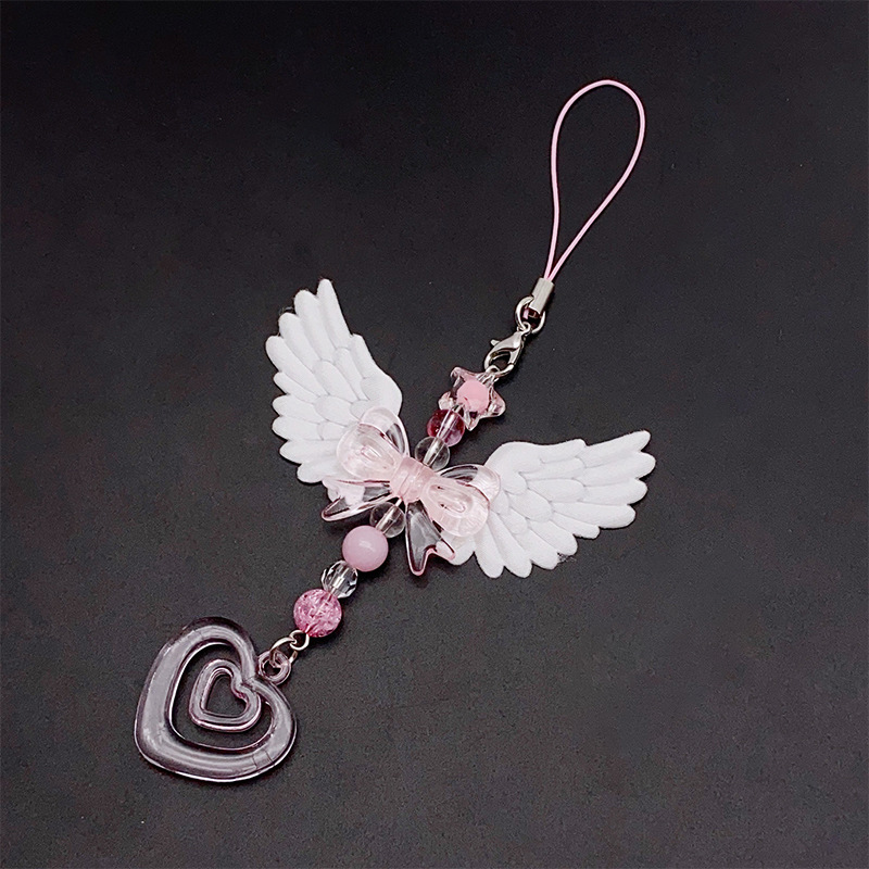 Bowknot Phone Chain Angel Wing Pendant Keychain Sweet Cool Key Phone Lanyard Acrylic Keyring Bag Ornament