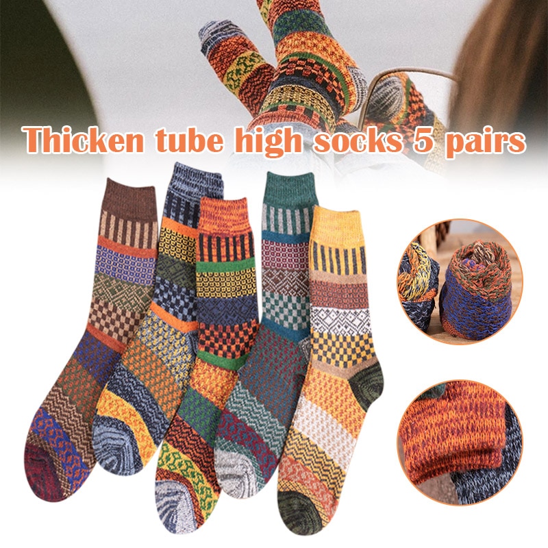 5 par efterår vinter nordiske sokker tyk strikket tovejs farverige patten crew sokker mænd kvinder fortykkede uldsokker