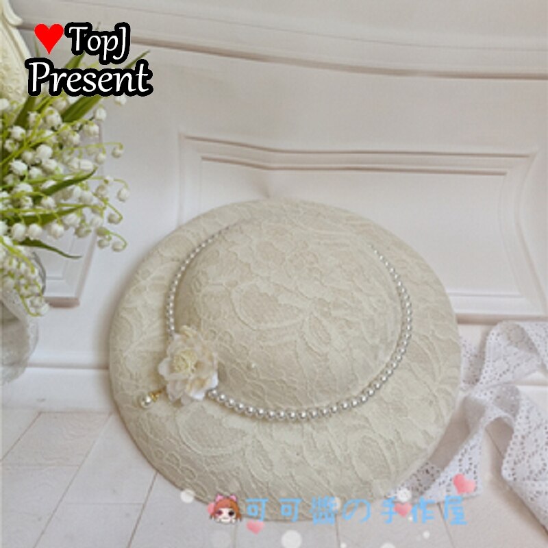 Lolita Hanyang eclectic hat retro linen flat hatGorgeous Hand made hat Ming Hanfu pearl bandage: White 4