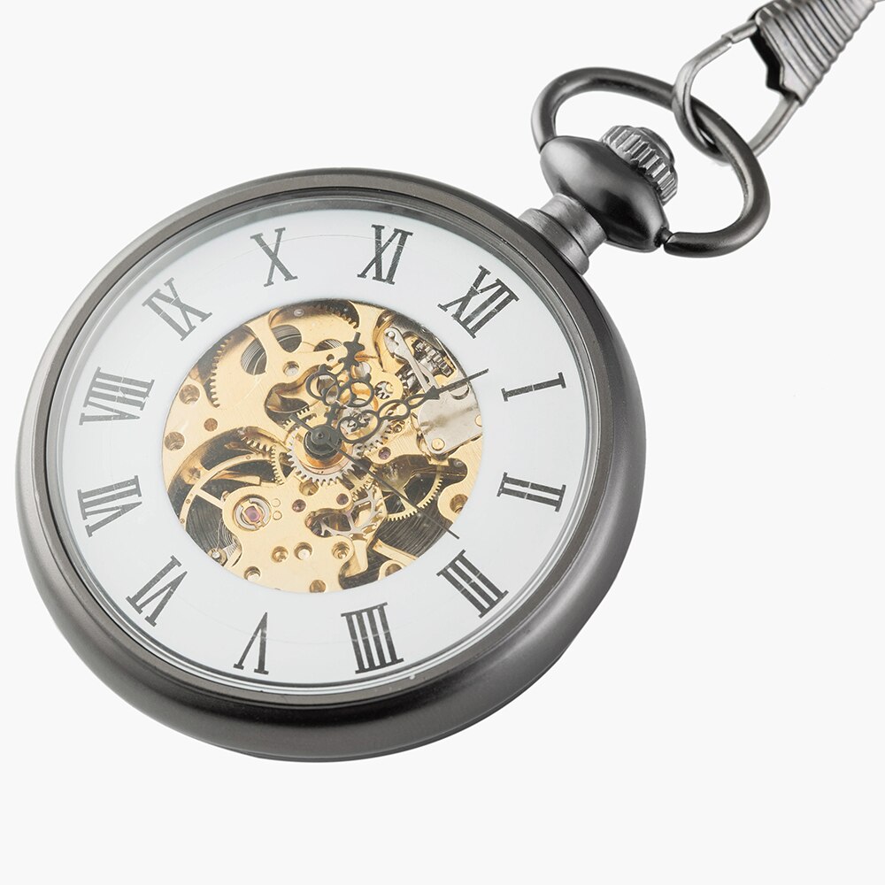 Vintage Charm Matte Black Unisex Retro Romeinse Aantal Mechanische Steampunk Zakhorloge Vrouwen Man Ketting Hanger met Ketting