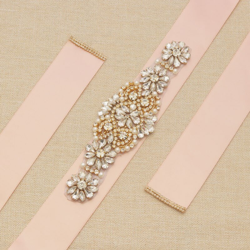 MissRDress Bruids Riem Gold Strass Wedding Belt Crystal Parels Satin Bridal Wedding Sash Voor Vrouwen Jurken JK929