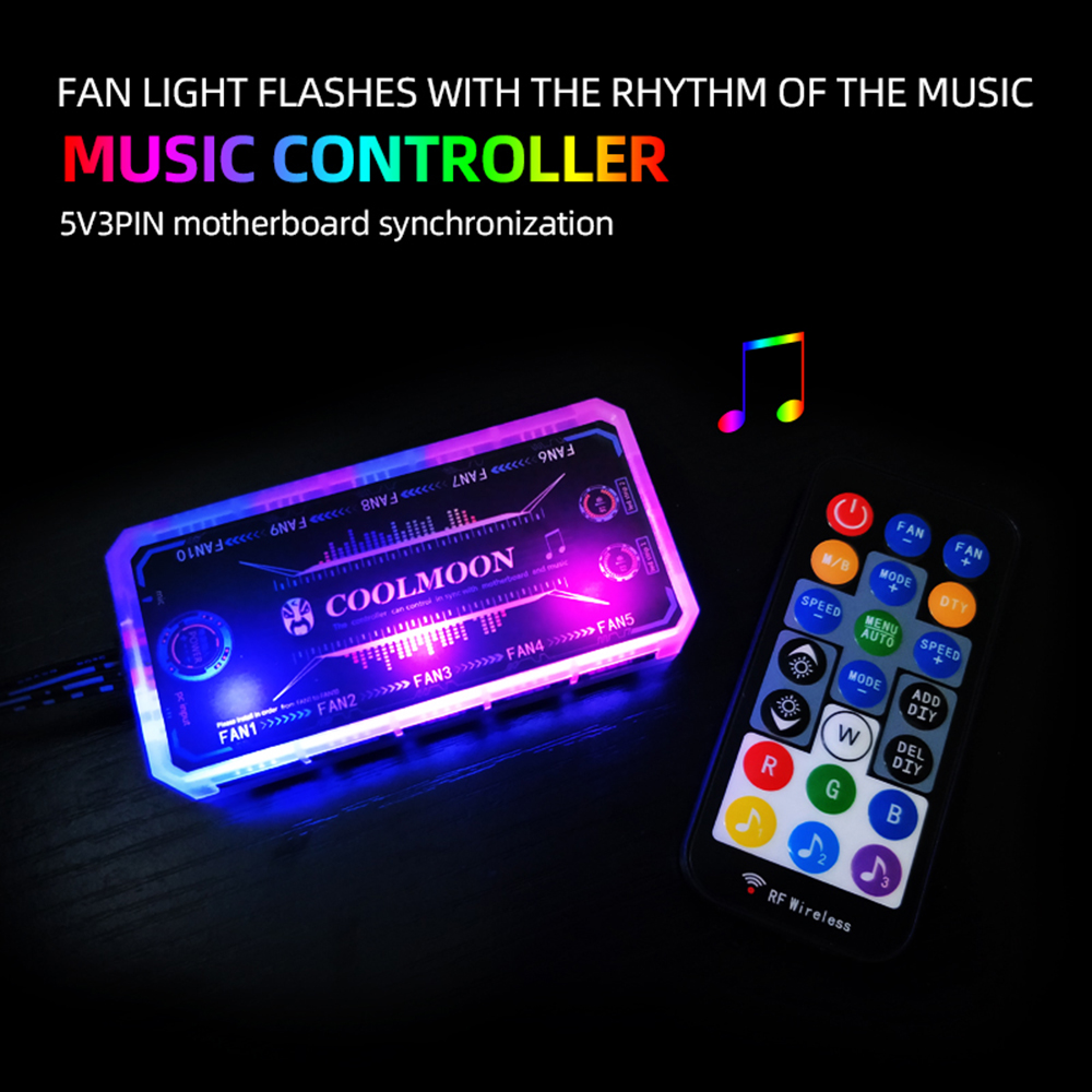 Coolmoon Smart Music 5V 3Pin ARGB Remote Controller HUB for Coolmoon 6Pin Chassis Cooling Fans 4Pin Light Strip Heat Dissipation