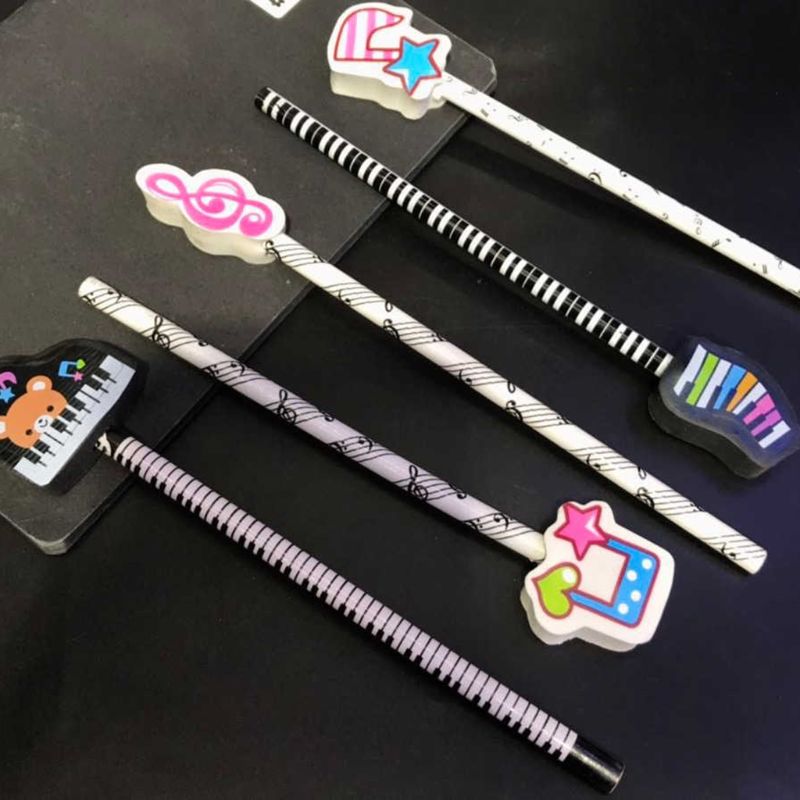 6pcs Musical Note Pencil 2B Standard Round Pencils Piano Notes Eraser Writing Drawing Tool Stationery School Student