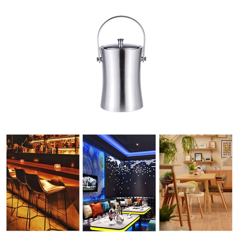 896A Stainless Steel Ice Cube Container with Lid and Tongs Champagne Cooler Ice Bucket Silver Matt Double-Walled Insulated Ice