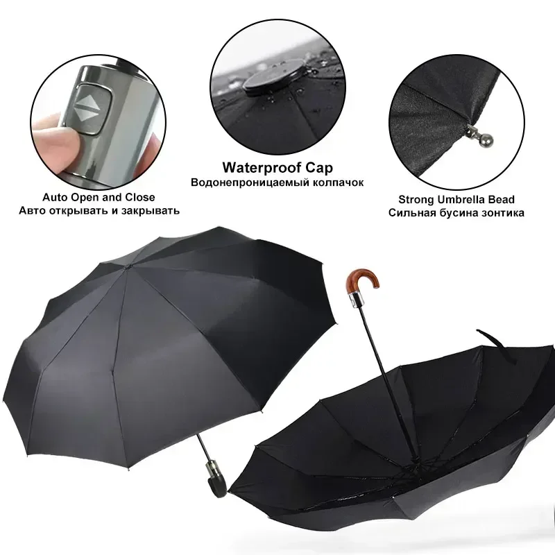 British Leather Handle Umbrella Men Automatic Business 10Ribs Strong Windproof 3 Folding Big Umbrella Rain Woman Parasol