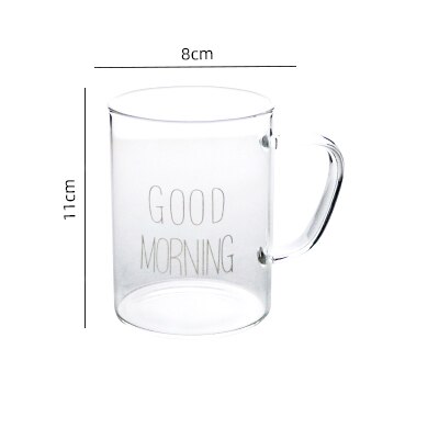 Letter Printed Transparent Glass Coffee Tea Drinks Dessert Breakfast Milk Cup Glass Mugs Handle Drinkware: handle white