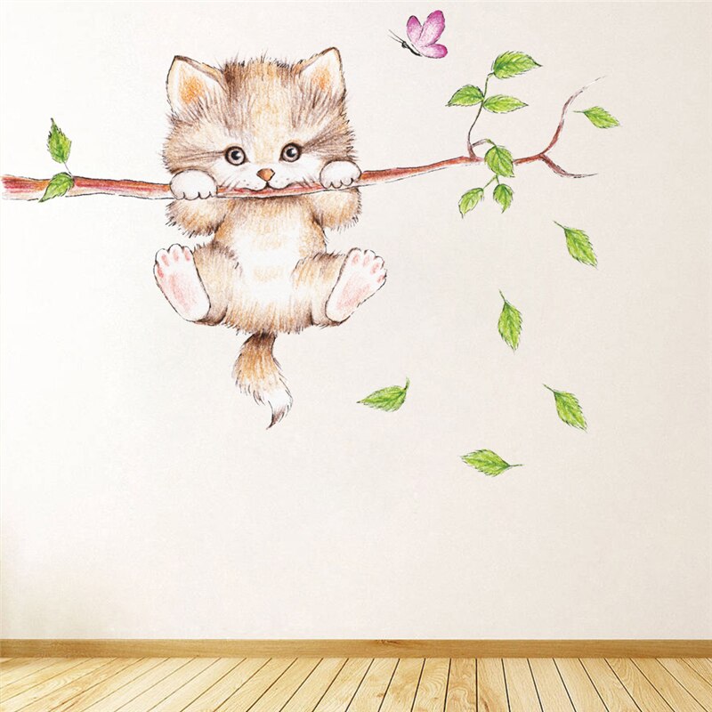 Cartoon Dier Muurstickers Diy Posters Muurschildering Art Leuke Kat Vlinder Boomtak Muurstickers Voor Kinderen Kamers Huisdecoratie