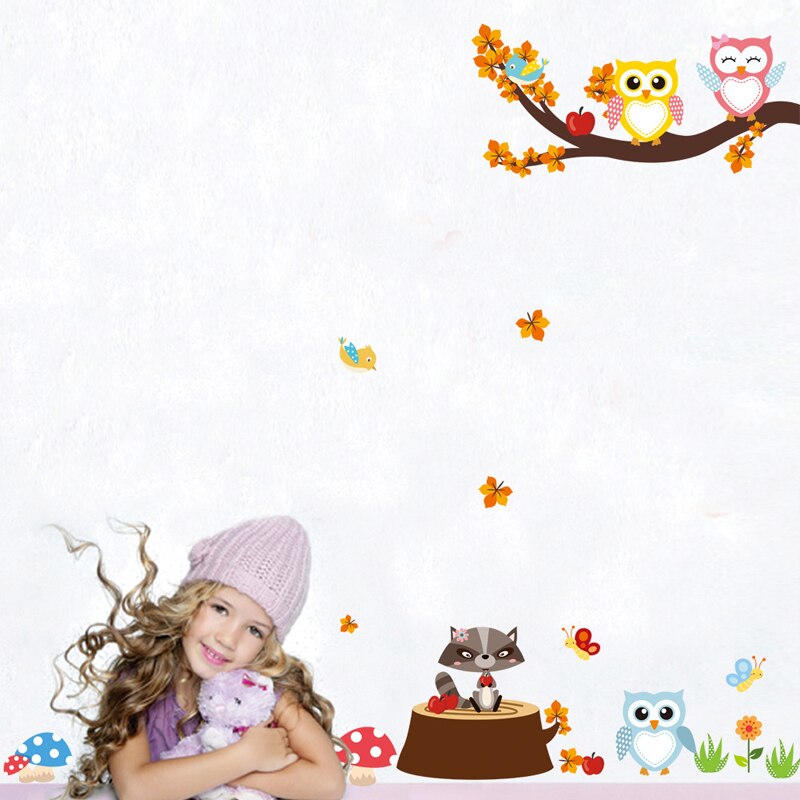Cartoon owl on tree animals Wall Stickers for kids baby rooms Mural Art Decals nursery sticker wallpaper for home decoration