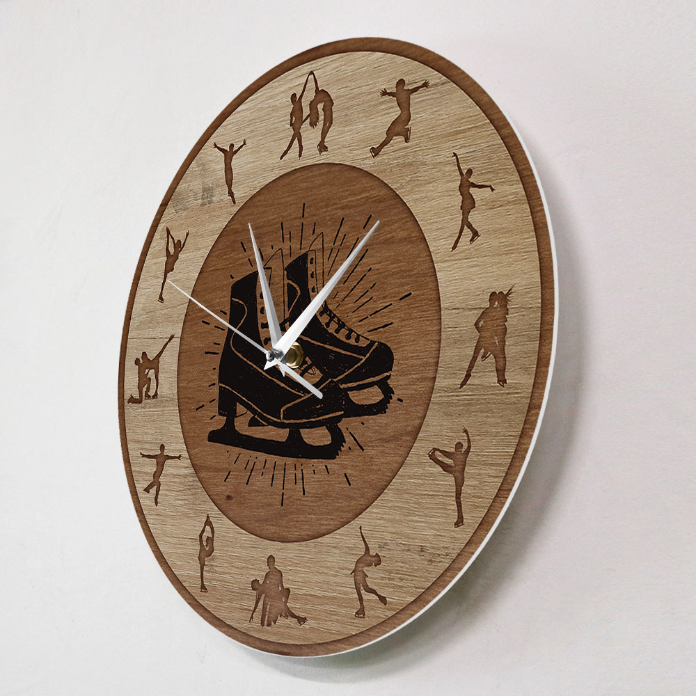 Figure Skating Wood Texture Printed Wall Clock Girls Room Silent Hanging Wall Watch Winter Sport Home Decor Ice Skaters