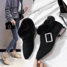 Aksamitne, pluszowe, krótkie botki z klamrą robić paska, zamkiem błyskawicznym, szpiczastymi noskami, zimowe, ciepłe, bawełniane, botki damskie na niskim obcasie