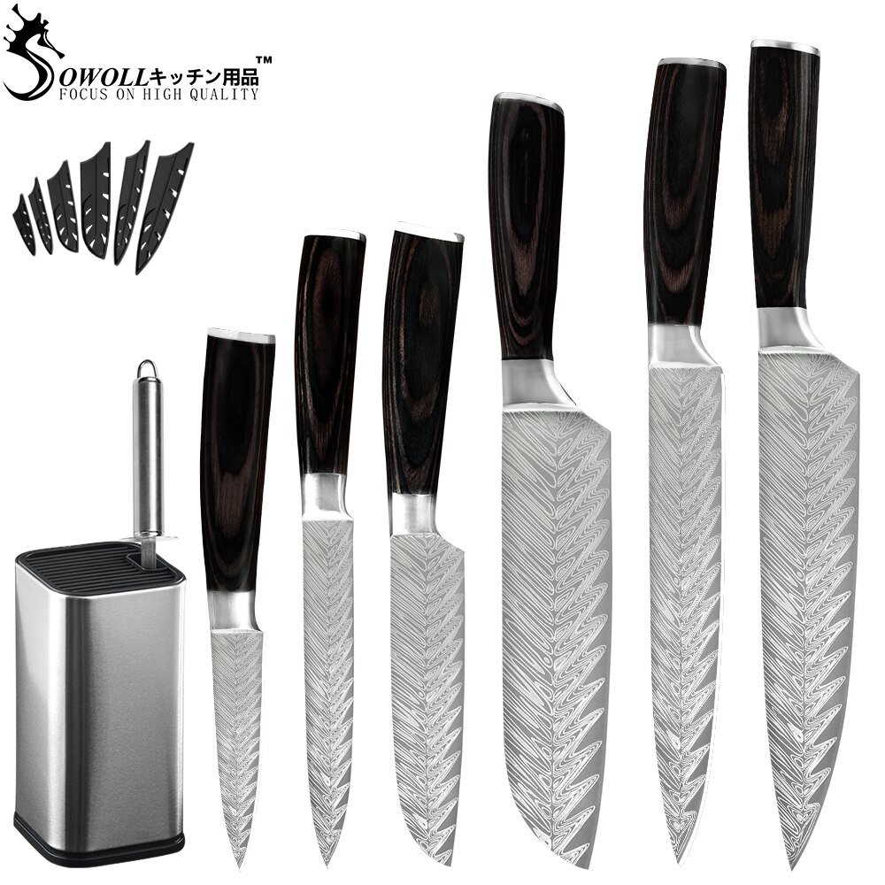 Sowoll Kitchen Stainless Steel Knives Tool Fruit Utility Santoku Chef Slicer Damascus Veins Kitchen Knives Scissor Sharpener Bar: C.8PCS SET