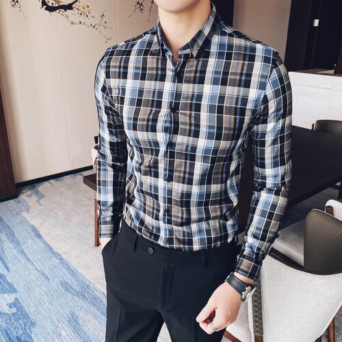 Lente geruite overhemden heren slank lange mouwen klassieke britse stijl casual formeel zakelijk overhemden heren jurk sociaal chemise homme: Grijsblauw / Xxl