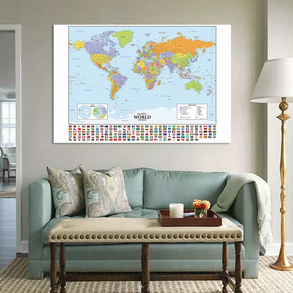 150*100cm Detailed Political Map of The World with National Flags Vinyl Canvas Painting Wall Poster Home Decor School Supplies