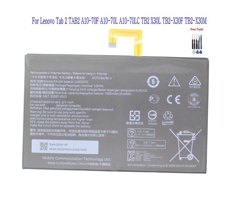 1x7000 mAh L14D2P31 Ersatz Batterie Für Lenovo Tab 2 Tab2 A10-70F A10-70L A10-70LC TB2 X30L TB2-X30F TB2-X30M Batterien: mit Tools