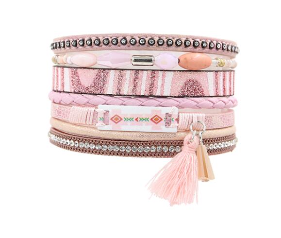 STRATHSPEY Etnische Kwasten Sieraden Armband Vrouwen multi-layer Lederen Touw Strass Magneet Sluiting Bangle Bracelete Feminino Blauw: Pink Color