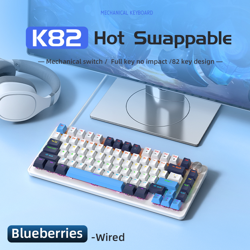 APAYADO K82 Mechanische Tastatur, 82 Tasten, Multifunktionsknopf, vollständige Tasten-Swap-fähig, kühle Hintergrundbeleuchtung, kabelgebundene Verbindung, Windows und Mac: Blau / Roter schalter