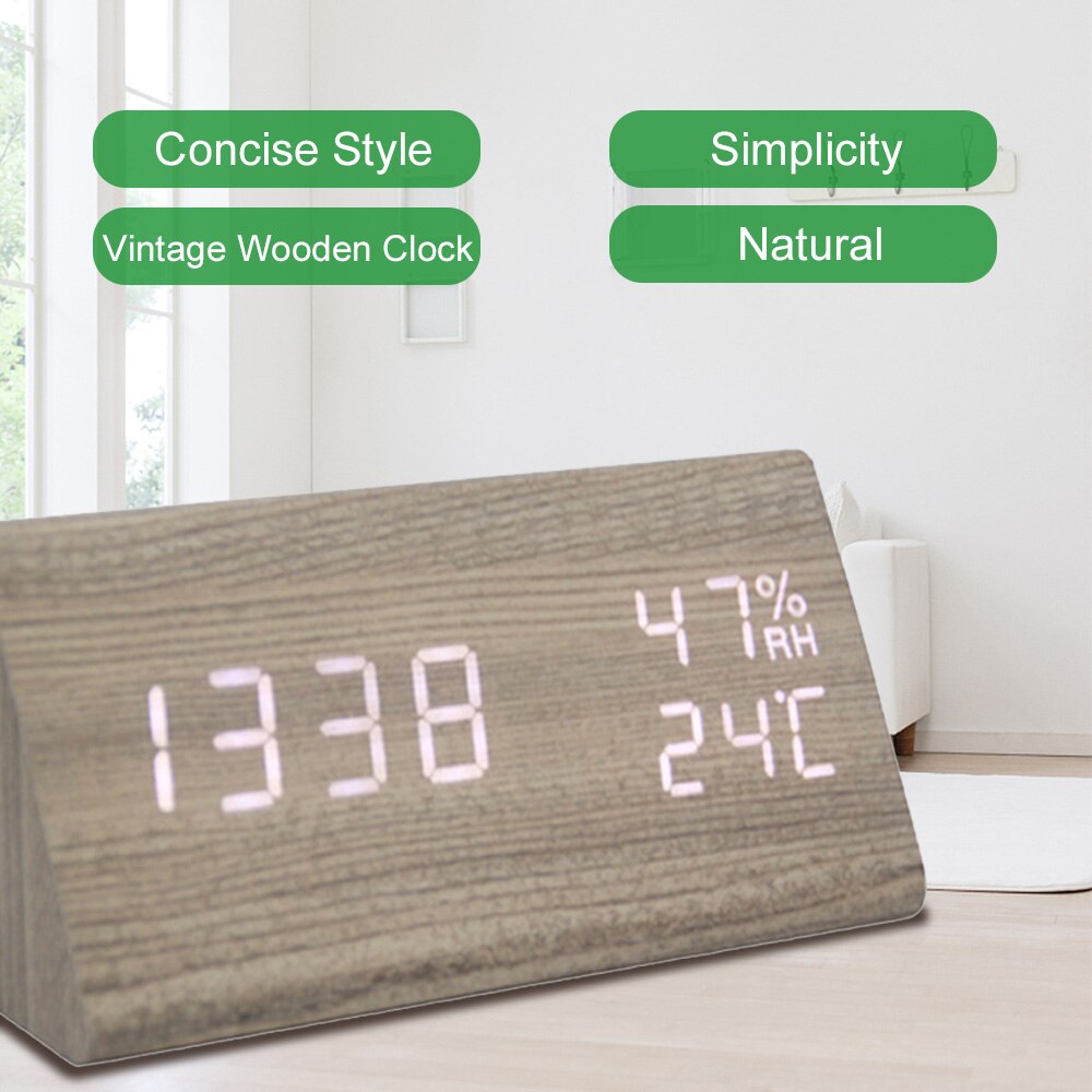 Multifunctionele houten klok led digitale klok kamfer houtnerf houten klok dempen geluid controle led elektronische wekker