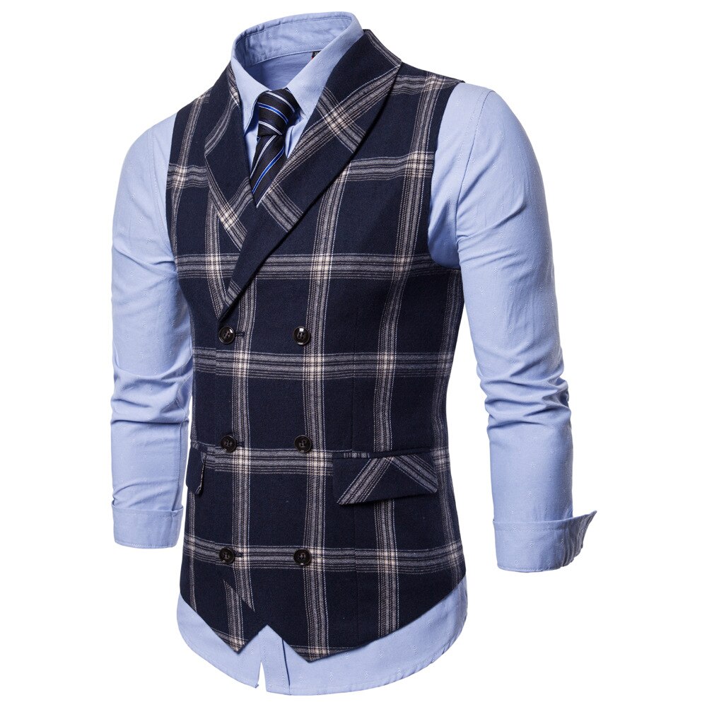 Klassisk rutete dressvest herre slim fit dobbelspent vest vest herre business bryllup smoking vest gilet homme: Marineblå / L