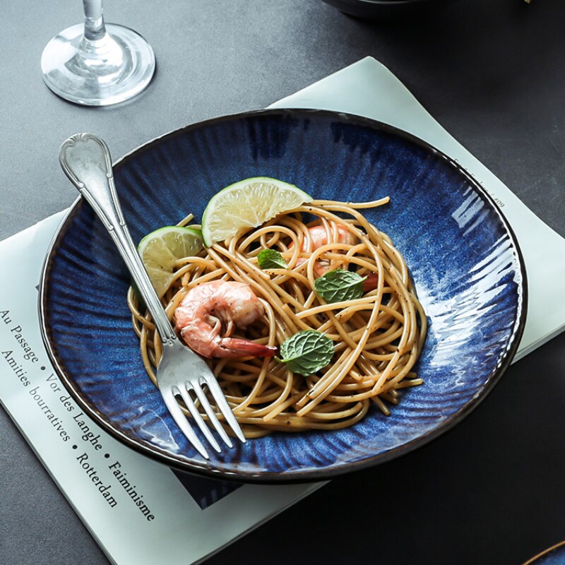 Blue Color Ceramic Tableware Home Flat Plate Deep Steak Dish Breakfast Dinner Plate Big Bowl Dinnerware Set Dish SetDinnerware