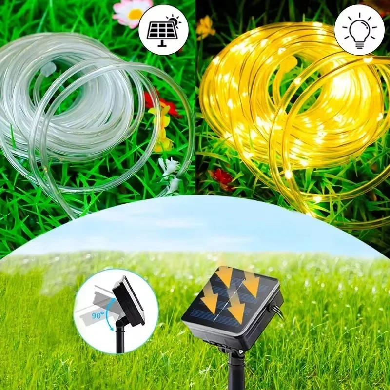Guirnaldas de luces solares 50/100/200/300 luces LED de cadena guirnalda de cuerda de tubo para exteriores 8 modos techo jardín festivo decoración de en casa