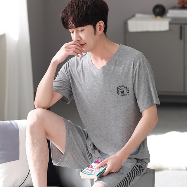 Conjunto de pijama de talla grande 3XL para hombre, pantalones cortos de verano de dos piezas, ropa de dormir de manga corta de algodón, ropa de dormir a rayas para el hogar MY450: Y6019 Grey / XXXL