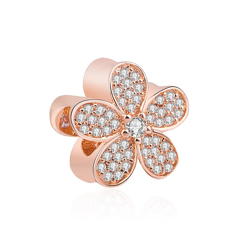 Echt 925 Sterling Silver Charm Rose Gold Dazzling Daisy Met Kristal Kralen Fit Pan Armband Diy Sieraden