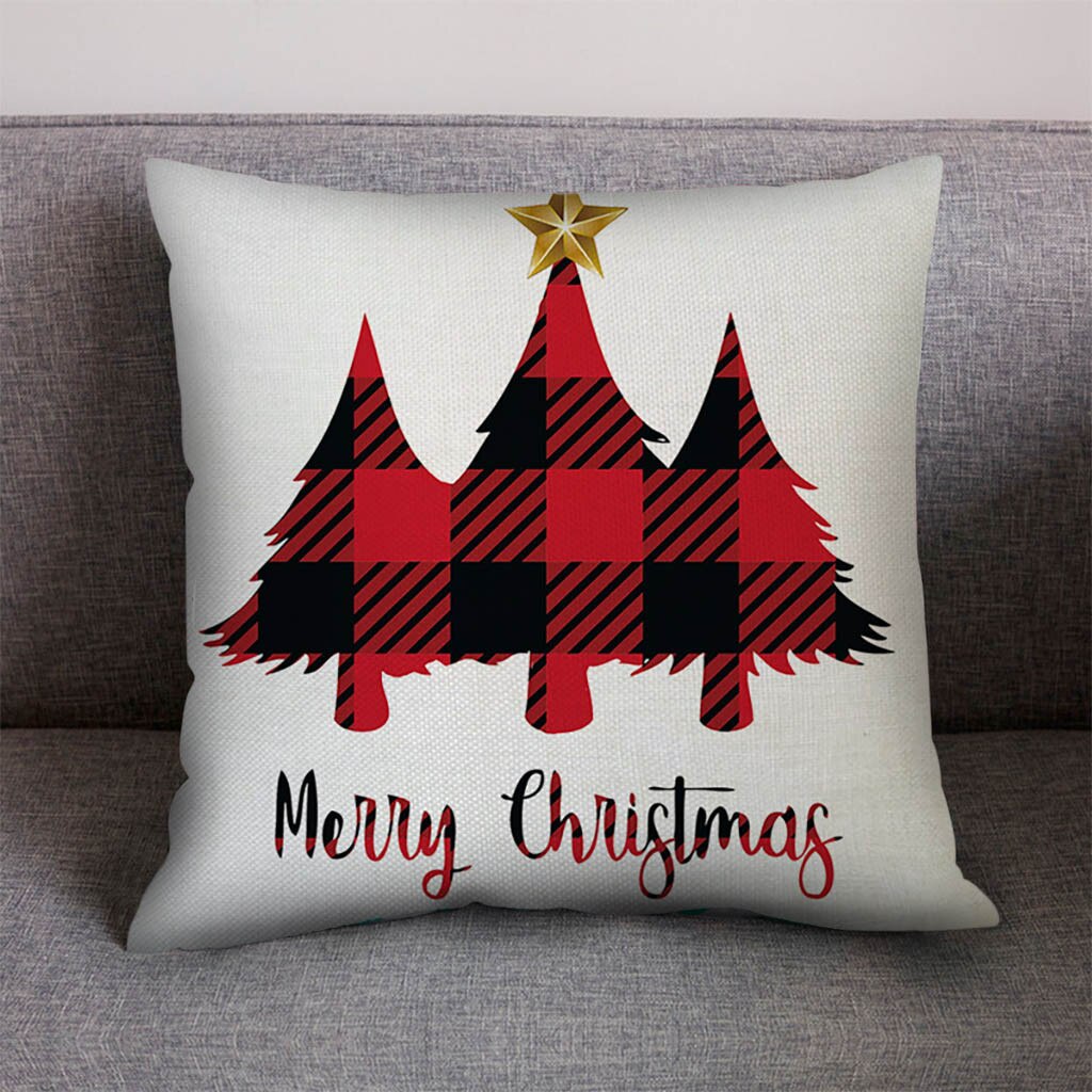 1 ud. Navidad dibujo de cuadros rojo ciervo árbol de Navidad cojín de decoración de sofá algodón Lino funda de almohada cojín hogar sala de estar: A