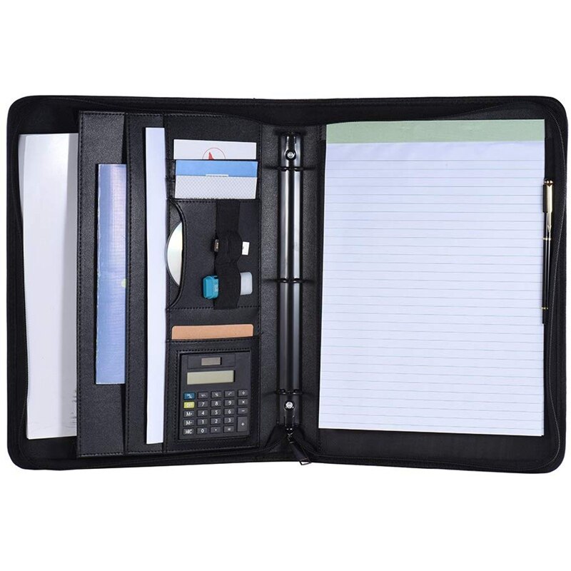 A4 Leather Business Portfolio Padfolio Folder with Business Card U Flash Disk Holder Memo Note Pad Loose-Leaf Loop