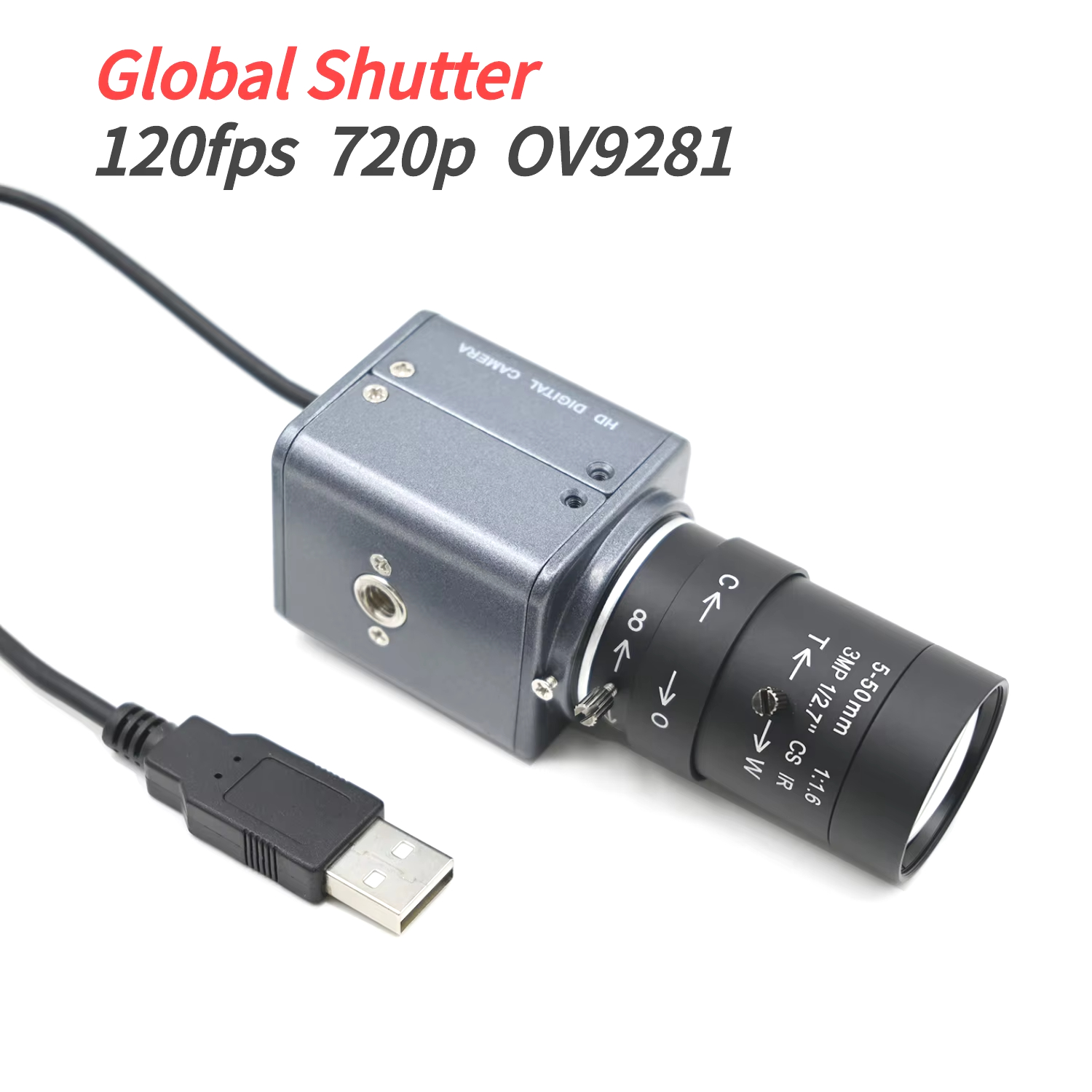 OV9281 Global Shutter, 120fps USB-camera 720p zwart-wit, hoge snelheid mini-box-webcam, met 5-50 mm 2,8-12 mm varifocale lens, 1280x720