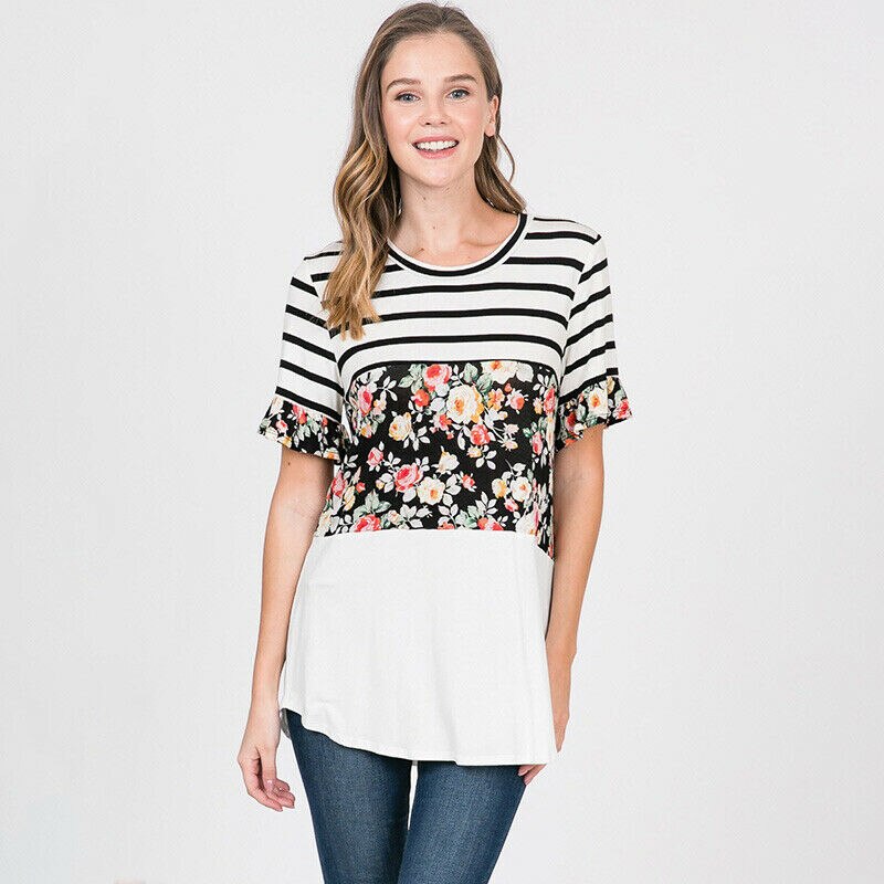 Kortærmede t-shirts til gravide med stribede blomstrede ammeoverdele