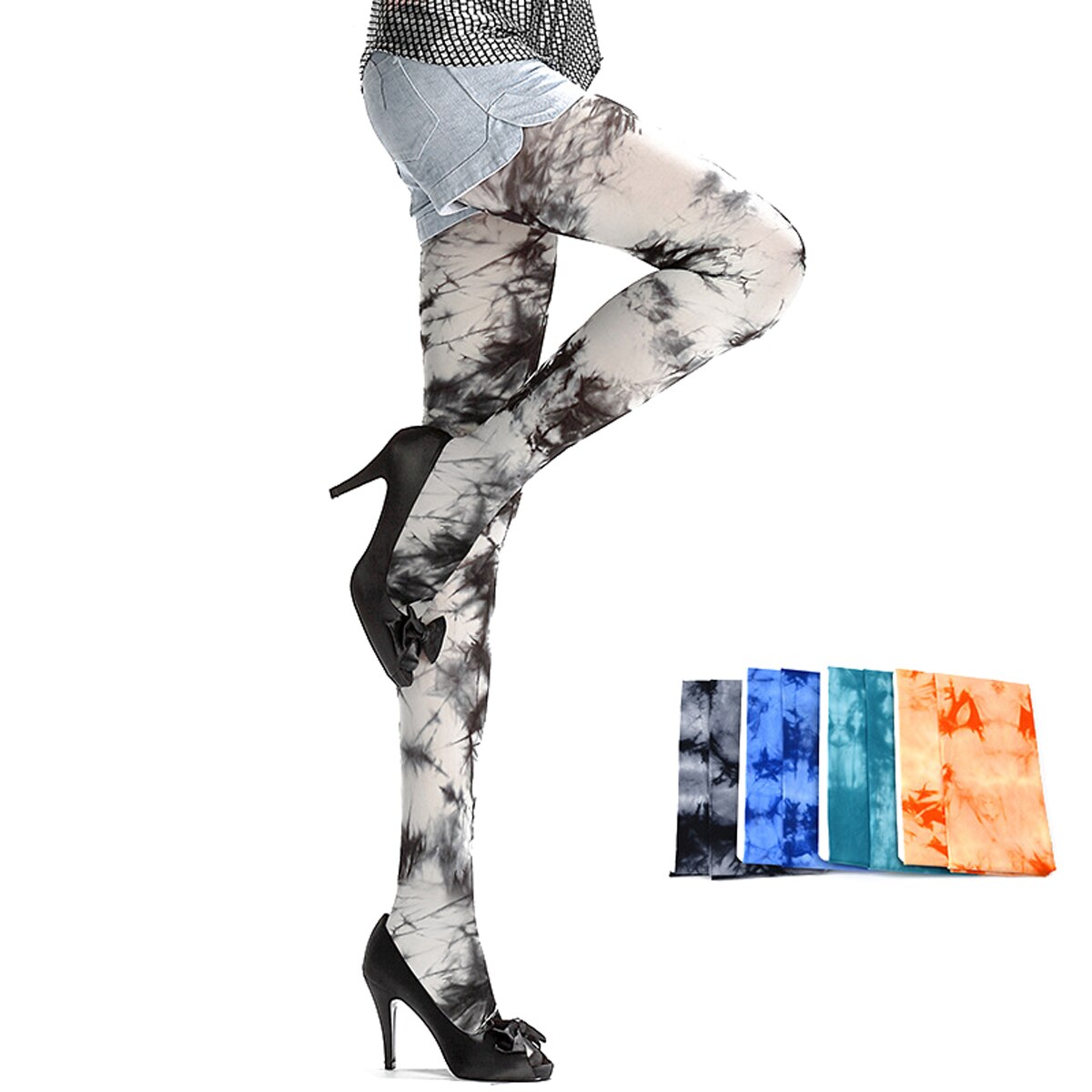 Vrouwelijke Panty, Tie-Dye Print Taille Broek Pantihose Leggings Voor Vrouwen, blauw/Zwartachtig Groen/Oranje/Zwart