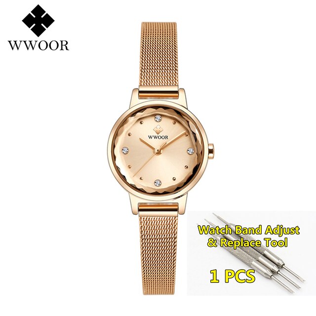 Armbinde Uhren Frauen Luxus WWOOR oben Wasserdichte Stahl Gurt Kristall Damen Handgelenk Uhren Relogio Feminino: Rose Gold