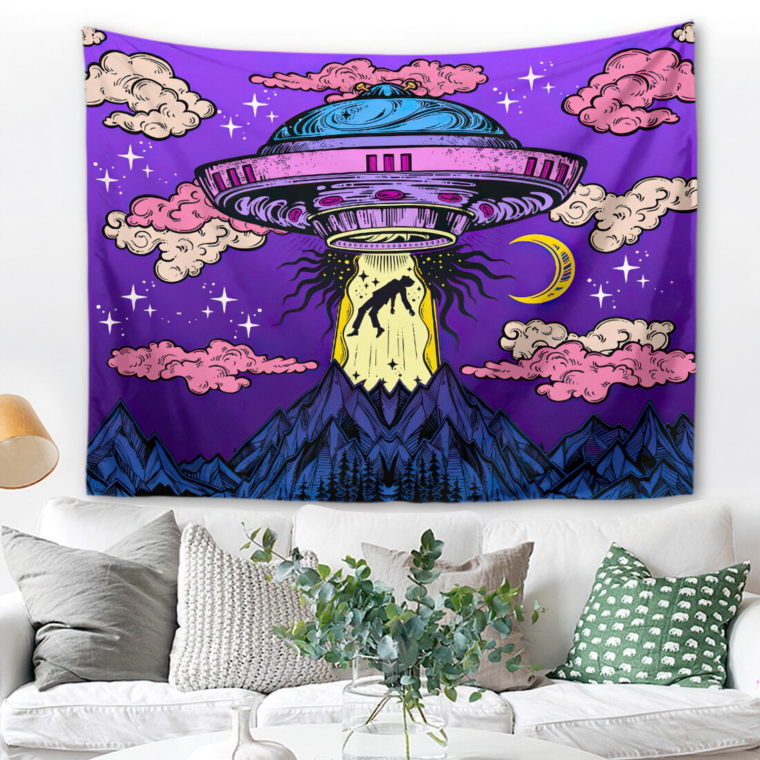 UFO Tapestry Wall Hanging Psychedelic Alien Hippie Decor Tapestries for Home Dorm Fantasy Decor