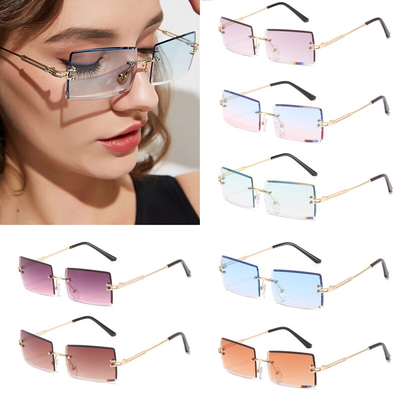 Retangle Randloze Zonnebril Vrouwen Mannen Shades Zonnebril Kleine Retro Gradiënt Bril Frameloze UV400 Eyewear Fietsen Apparatuur