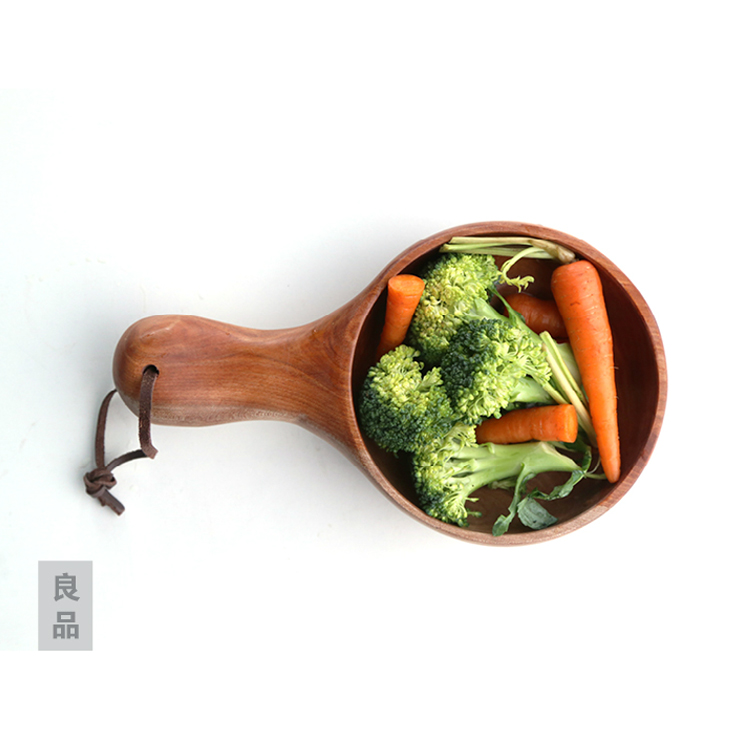 Hand-Made Solid Wooden Fruit Salad Bowl Long Handle Kitchen Tools Tableware Sushi Noodle Bowl Wood Dish Soup Container