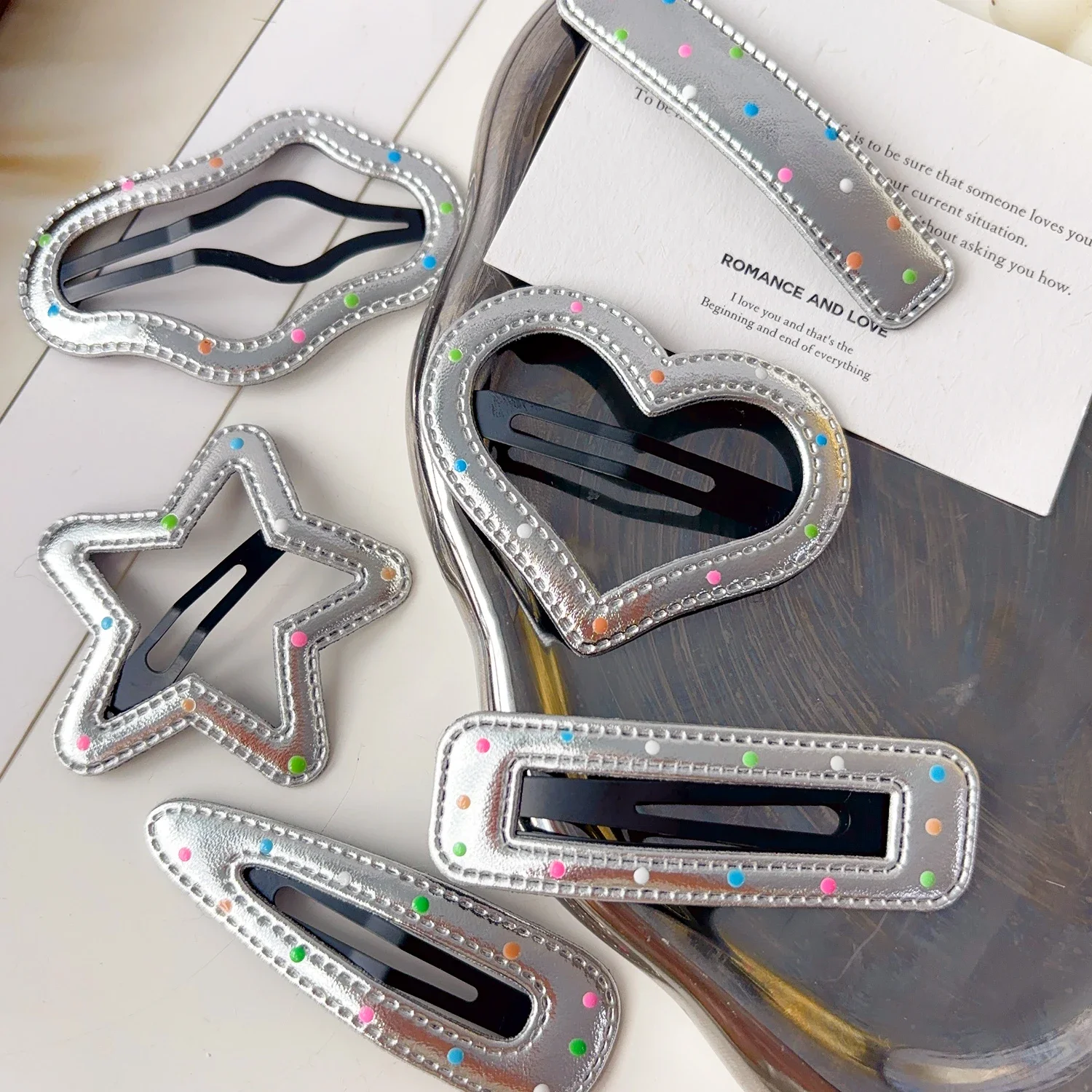 Horquillas plateadas de PU Y2K, pinzas para el cabello de varios estilos, estrellas BB, horquillas con Clip, pasador lateral bonito, accesorios para el cabello para mujer