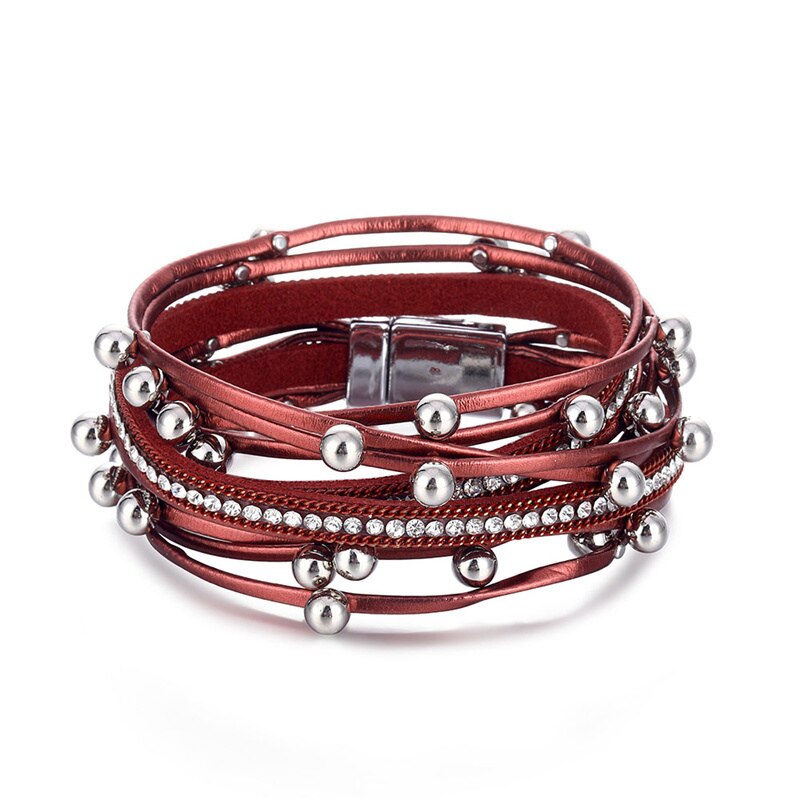 Rosa Leder Armbänder Für Frauen Kristall Metall Perlen Charme Armbinde Bohemien mehrschichtig wickeln Armbinde Femme Schmuck: A 2