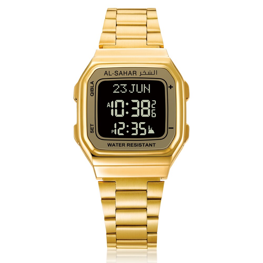AL-SAHAR Klassiek Azan-horloge met automatische Qibla-achtergrondverlichting Hijri-kalender Meertalig moslimpolshorloge Islamitisch uurwerk: Ivoor