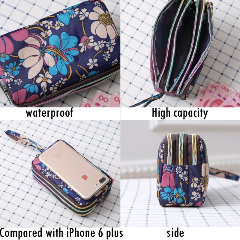 Womens Print 3 Layer Canvas Telefoon Tas Korte Portemonnee Drie-Layer Rits Coin Card Key Purse Voor Vrouwen 'S Bank Kaarthouder Pack