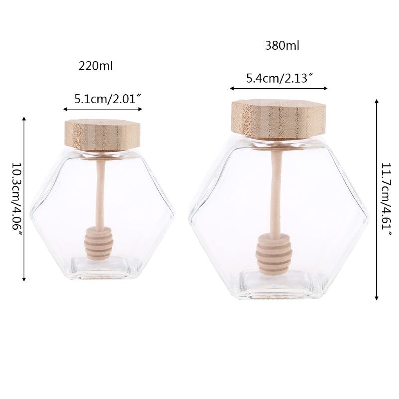 Pot de miel en forme d'hexagone, Pot de miel en verre, avec Dipper en bois et couvercle en liège, pour la cuisine à la maison, transparent
