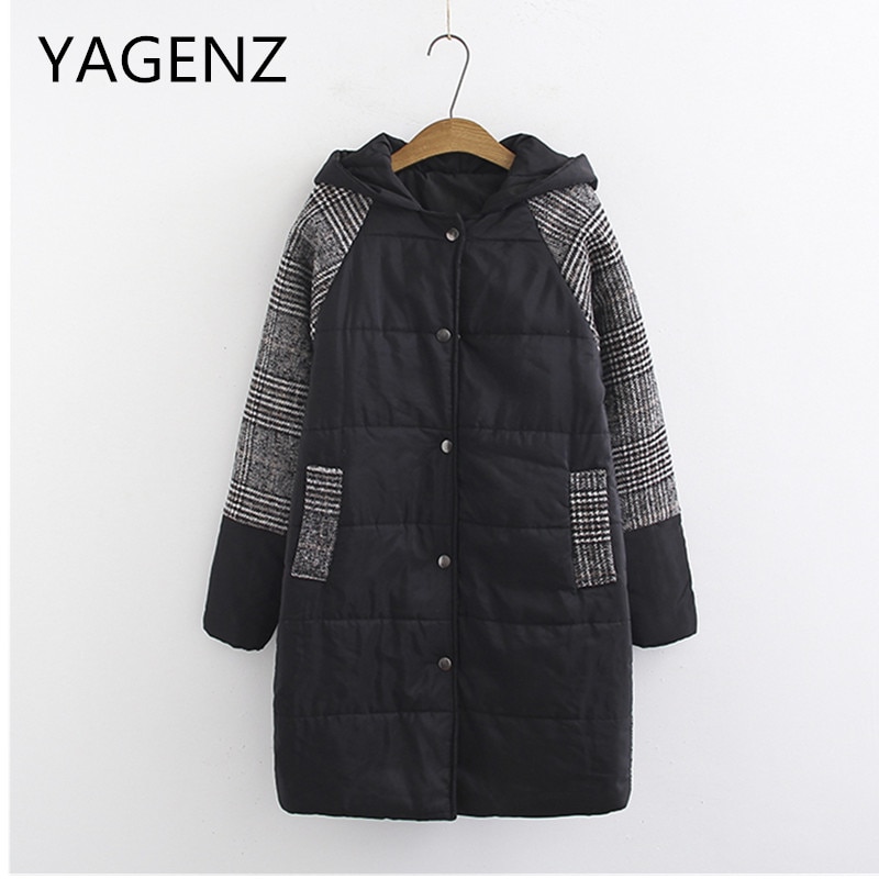 Large size Women Winter Cotton Hooded Jacket Coat Loose Warm Plaid Medium long Outerwear Casual Female Basic Jacket 4XL