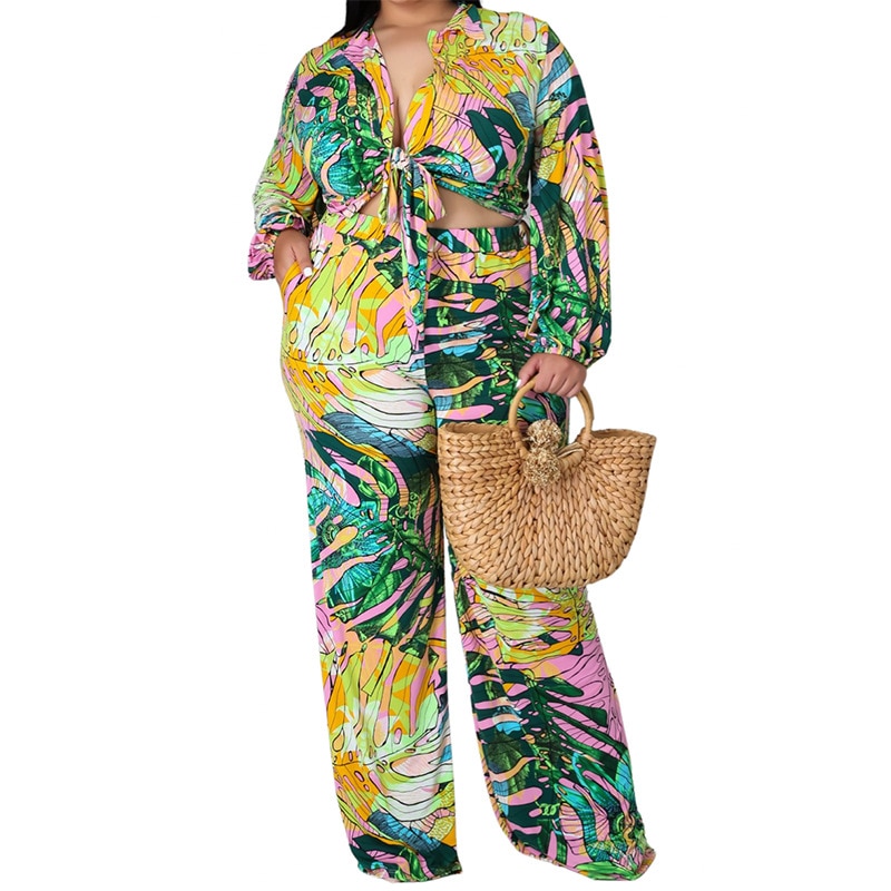 5XL Plus Size Two Piece Set Women Bandage Shirt Tops And Pant Suits Summer Dashiki Print Beach Oversize Outfits