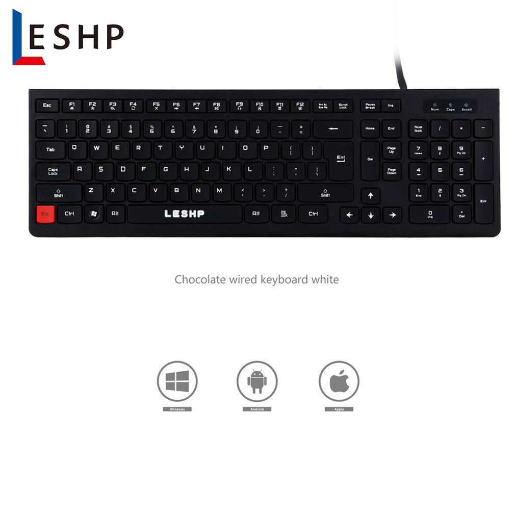 LESHP Ultra-thin Chocolate Wired Keyboard Desktop Office Home Games Slim Mute Computer 104 Keys Full-size Ergonomic