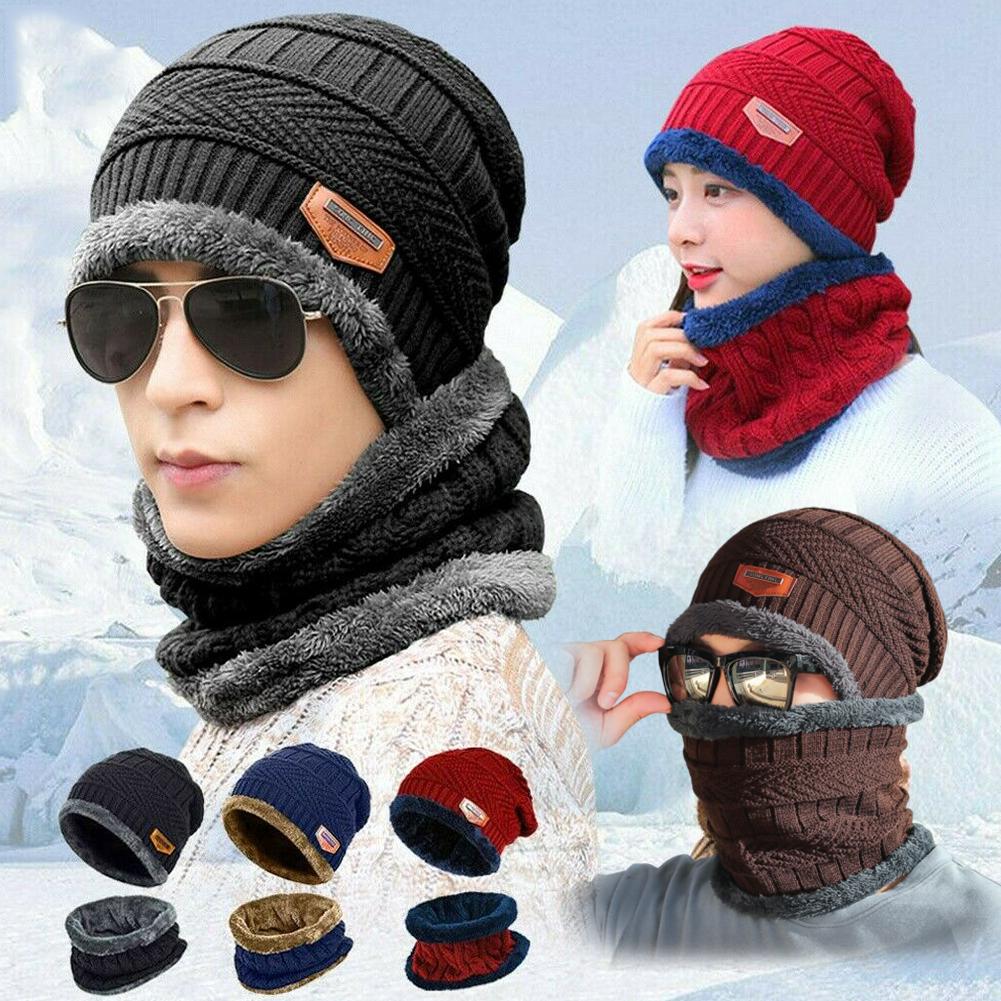 Winddichte gebreide muts/sjaalset voor heren in de winter, warme, dikke fleece muts/sjaalset, effen gebreide skimuts/ringsjaal