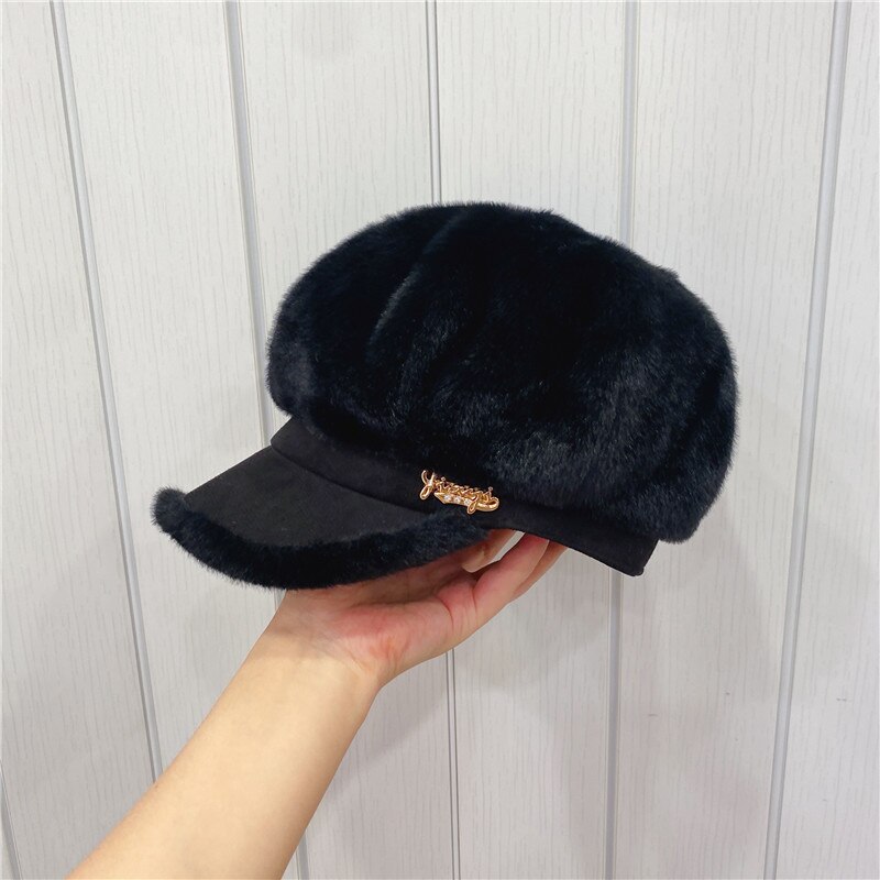 Sombrero de boina peluda para mujer y niña, gorro informal grueso y cálido, para artista francés, Otcagonal: Negro