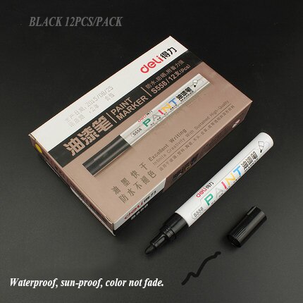 Deli 1pcs white mark pen oil 8 colors black silver gold waterproof do not fade paint pen marker pen: S558-1 black 1pcs