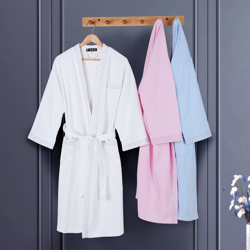 Men Solid Color 100% Cotton Sleepwear Hotel Bathrobe Waffle Kimono Robes Lovers long-sleeved Lounge Robes Dressing Gown Women