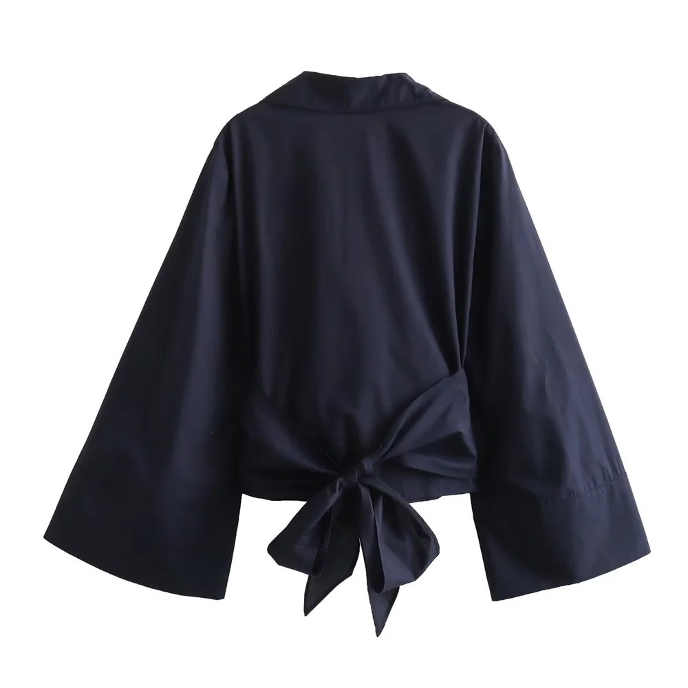 Nueva para mujer, informal, con cuello tipo Polo, pajarita, edición corta, camisa de popelina con doble botonadura