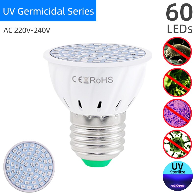=(K)= Lamp UVC UV Germicidal Bulb E27 LED Corn Lights Sterilizer Lamp Ozone Light Bulb Indoor Disinfect Light E27 Ultraviolet: UV Series 60LEDs
