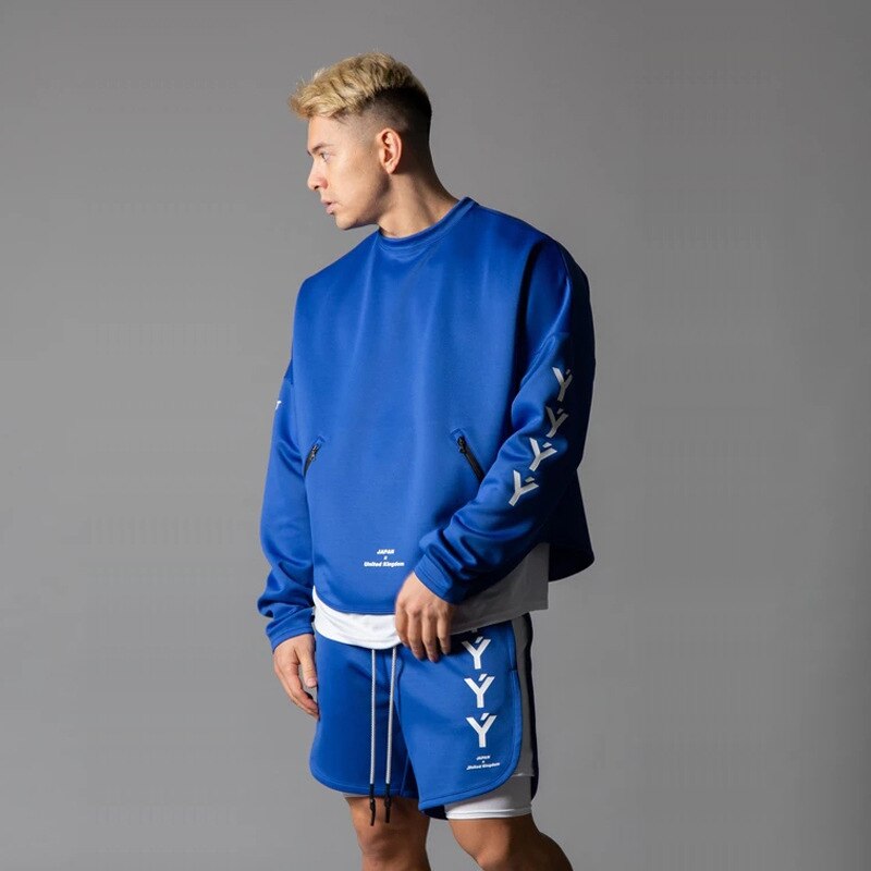 Nowa jesienna mięśni Fitness długie-sweter z rękawami elastyczny bawełniany, sport, rozrywka, szkolenia luźne siłownia sweter Top Sudadera Deportiva: M / Niebieski